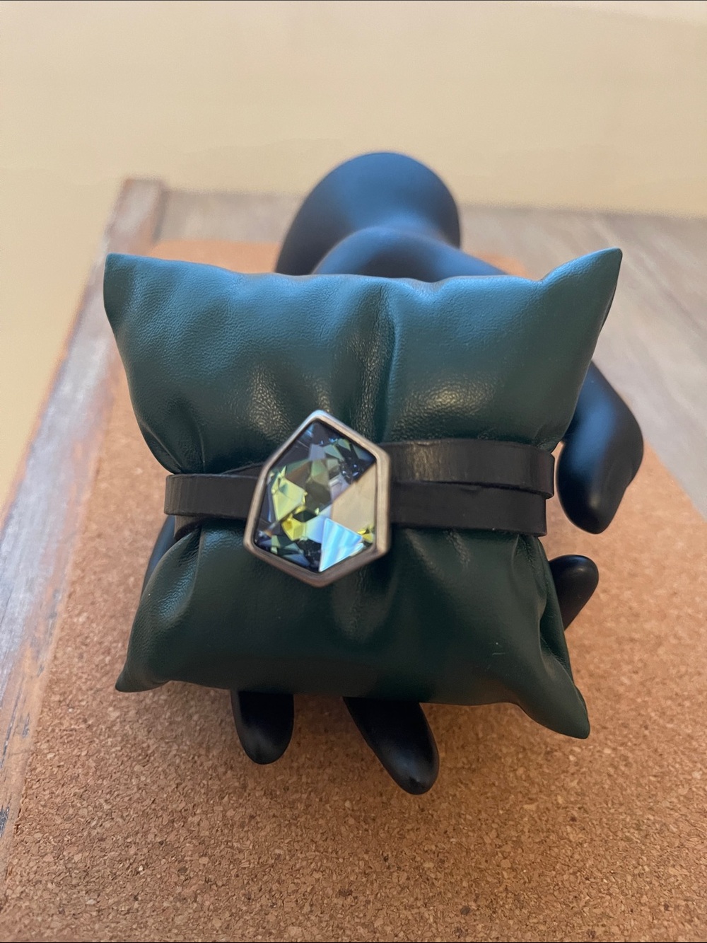 UNO de 50 Black Leather Bracelet with Sahara Blue Swarovski stone